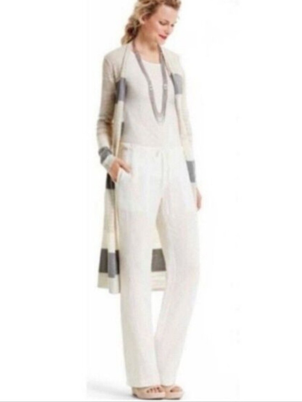 CAbi Piazza Pant #5079 - White Wide-Leg Drawstring Linen Pants; Size Medium